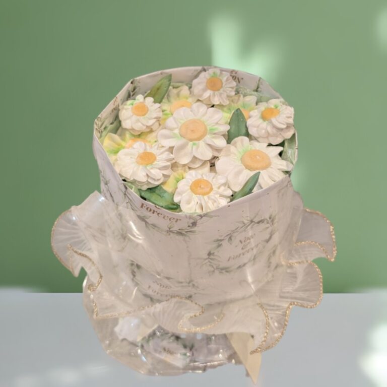 Bouquet of white and green handmade marshmallow flowers