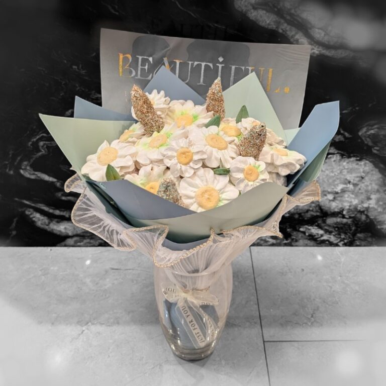 Wrapped bouquet of white handmade marshmallow flowers