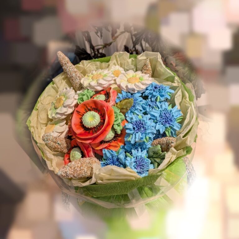 Bright custom bouquet of handmade marshmallow flowers