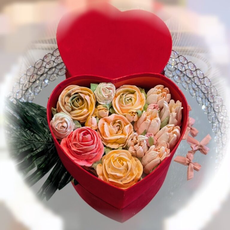 Large 9-inch red heart box with peach and coral marshmallow roses