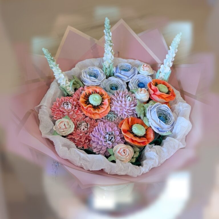 Gift arrangement of pastel marshmallow flowers
