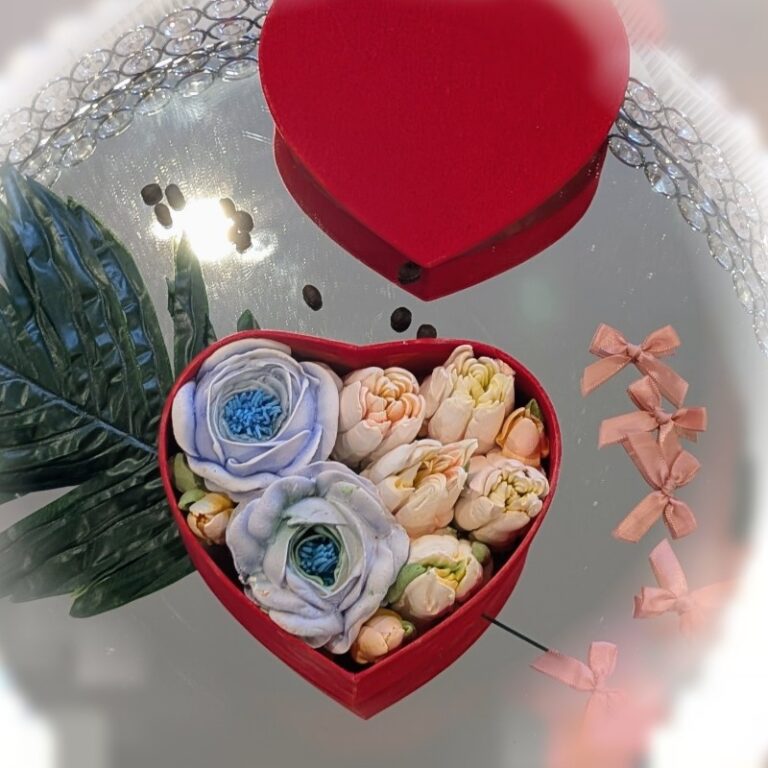Small 6-inch red heart box with blue and white marshmallow roses and peach tulips