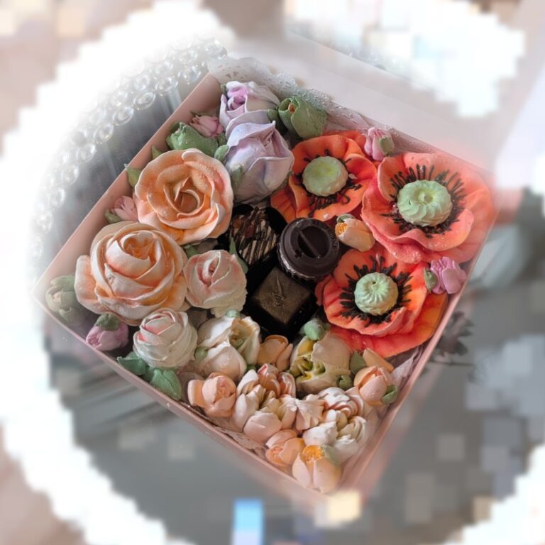 Square gift box filled with handmade marshmallow flowers, Toronto