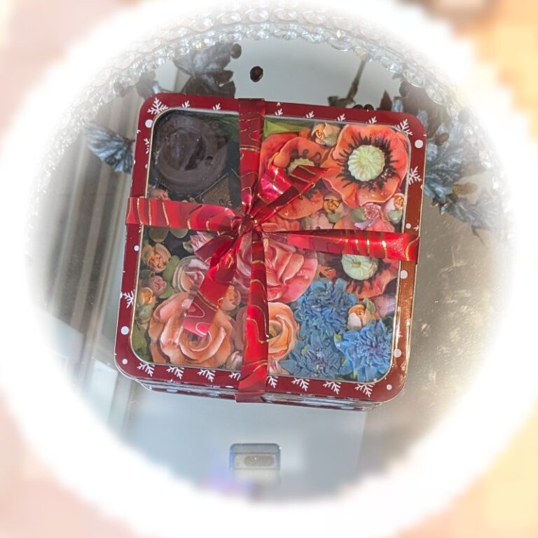 Square gift box with red and pink handmade marshmallow flowers, Toronto