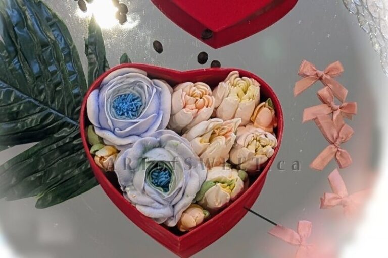Romantic Valentine's gift: marshmallow flowers in a red heart-shaped box