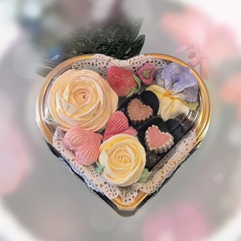 Heart-shaped box of assorted handmade marshmallow flowers
