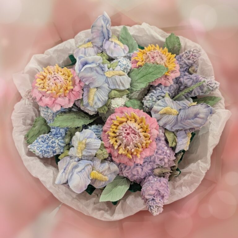 Top view of a pastel edible marshmallow flower bouquet, Toronto