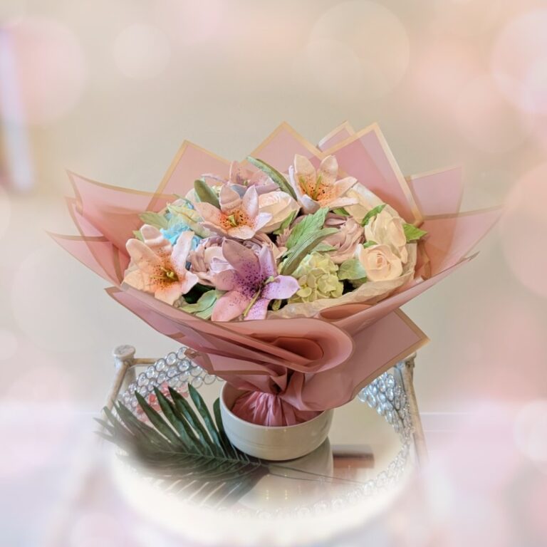 Pastel peach and pink marshmallow flower bouquet, Toronto