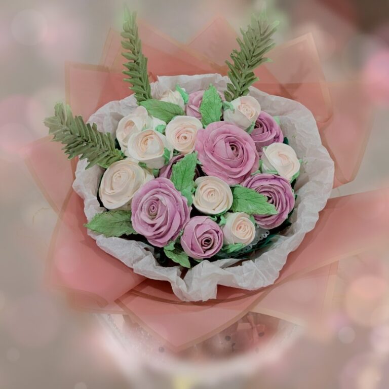 Arrangement of pastel pink and lilac handmade marshmallow flowers