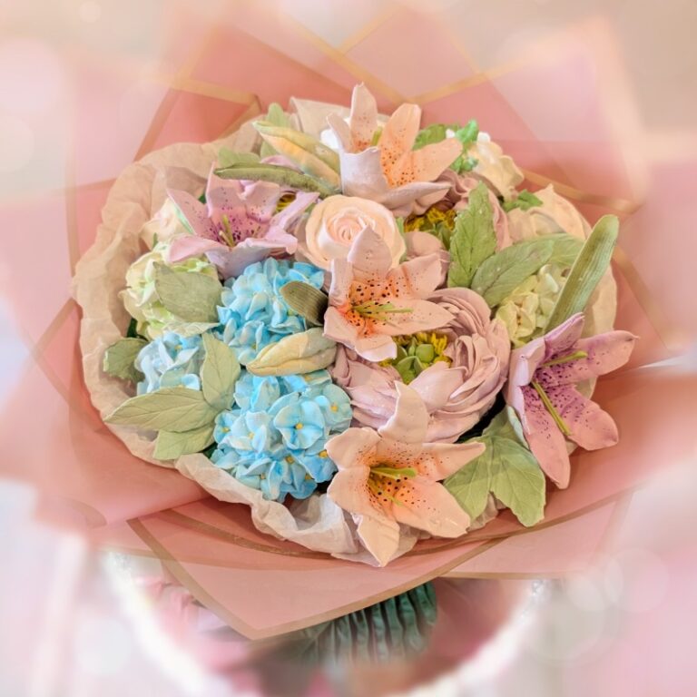 Marshmallow flower arrangement in peach and blue tones, Toronto