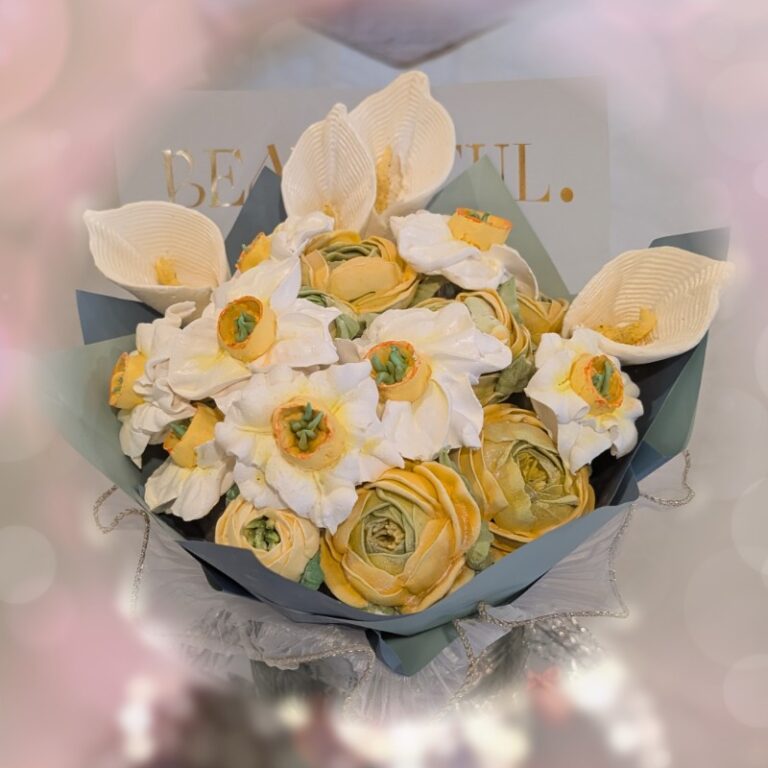 Edible arrangement of peach and cream marshmallow flowers, Toronto