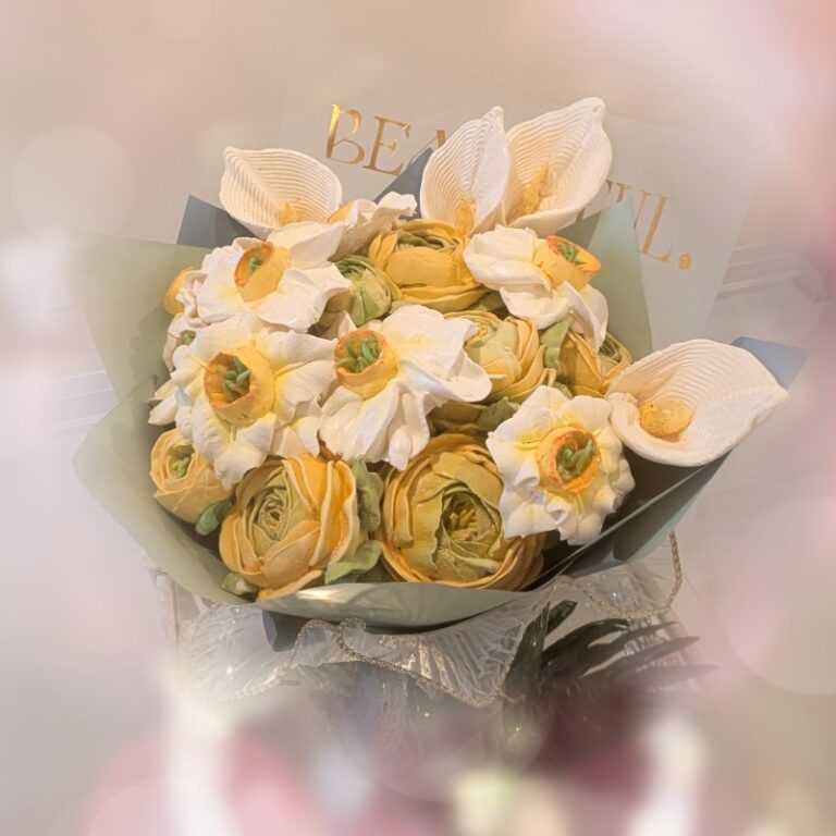 Handmade bouquet of peach and cream marshmallow flowers