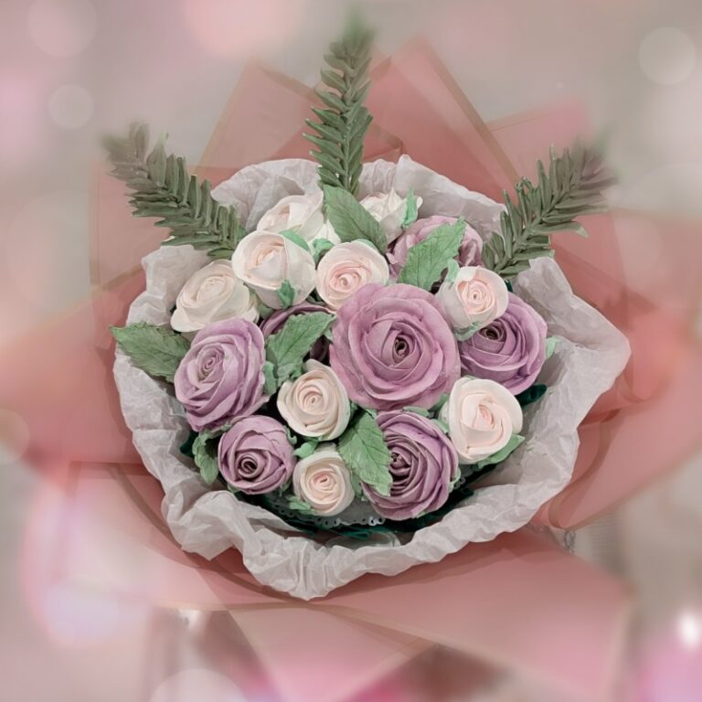 Round edible bouquet of pink marshmallow roses