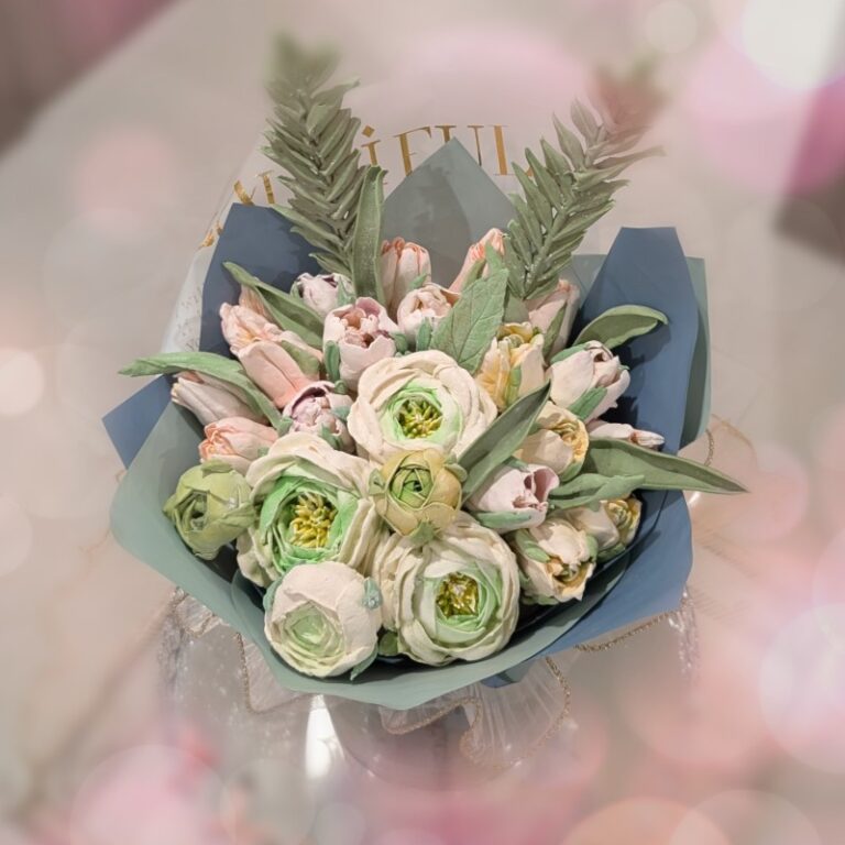 Bouquet of white and cream handmade marshmallow flowers