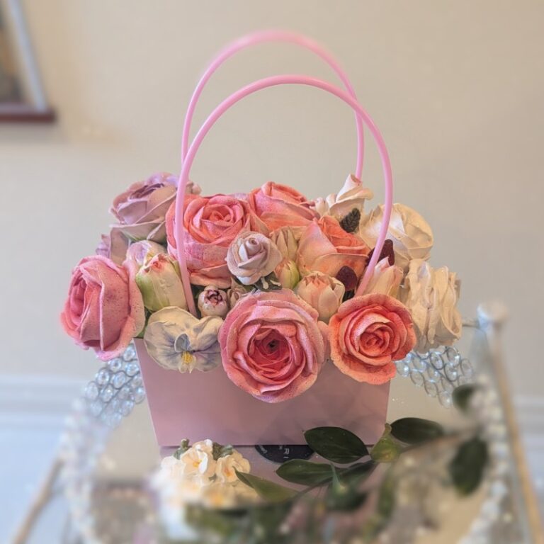 A gift bag with custom marshmallow flowers
