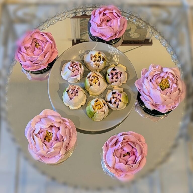 Pink handmade marshmallow peonies around a plate of mini marshmallow flowers, Toronto